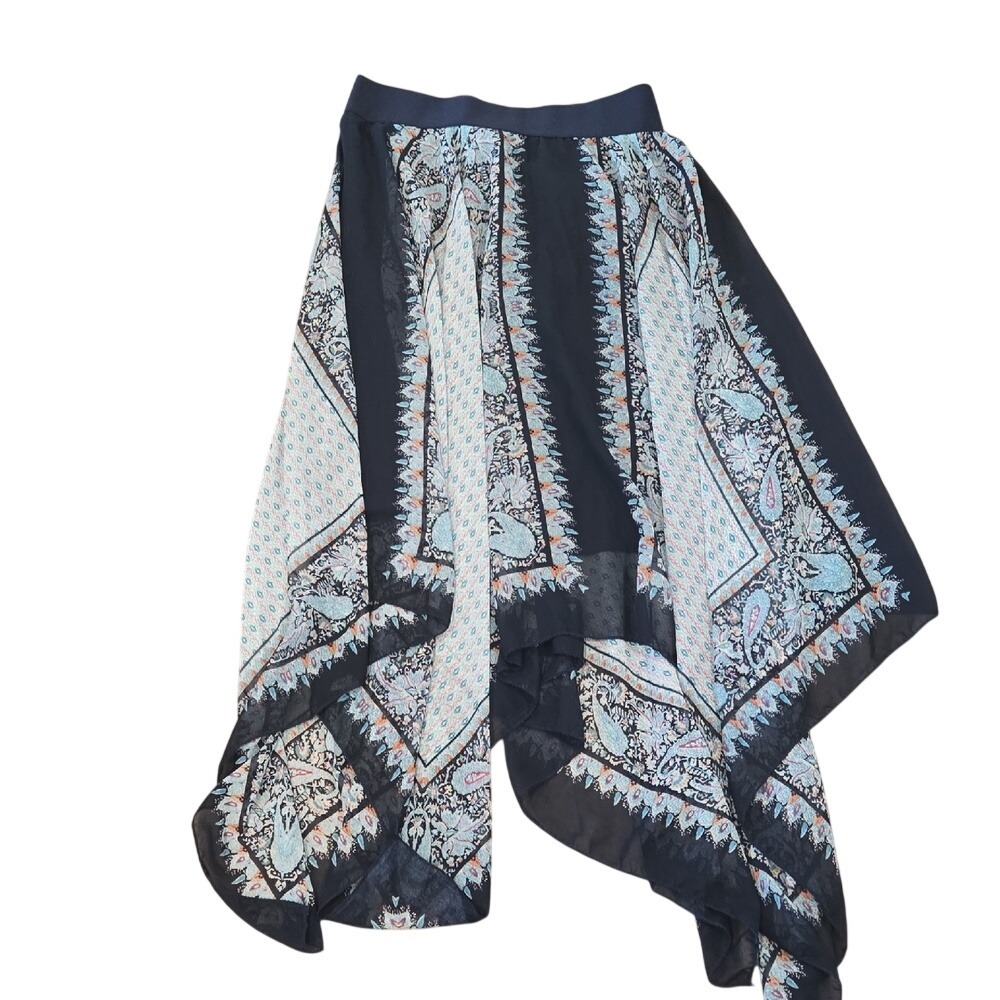 Metro Wear Navy Paisley Handkerchief Hem Asymmetrical Midi Skirt Medium